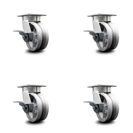 Service Caster 5 Inch Kingpinless V Groove Semi Steel Wheel Swivel Caster Set with Brakes SCC SCC-KP30S520-VGR-SLB-4
